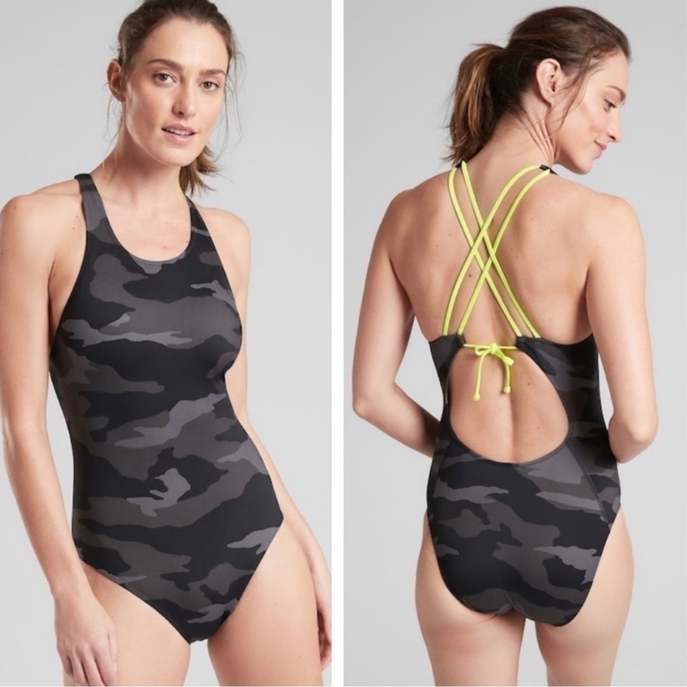Athleta Freestyle Camo One-Piece Bathing Suit w/Neon Green Straps 🖤 💚